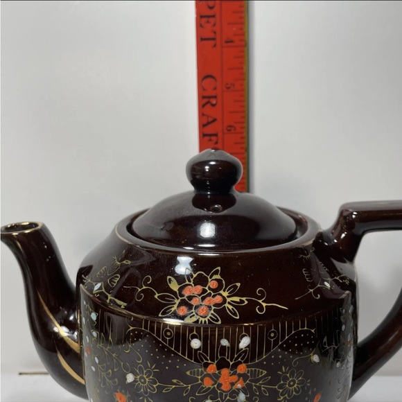 Vintage Brown Betty Redware Teapot Enamel Hand Painted Made In Japan. - Picture 10 of 11